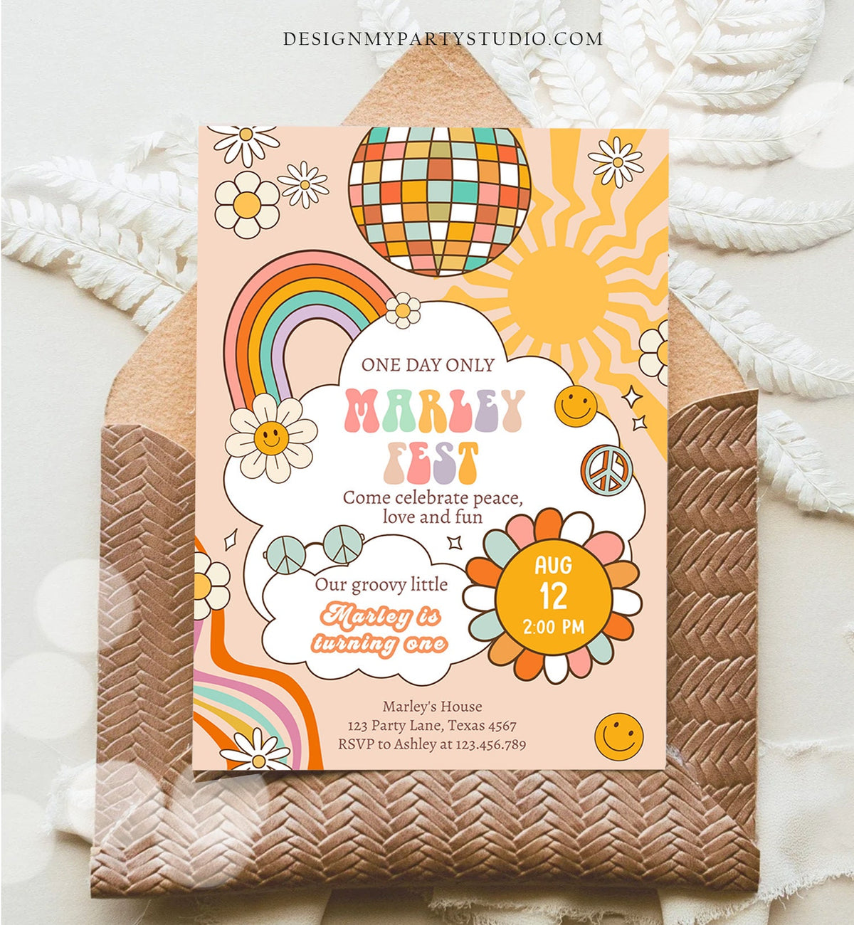 Editable Music Festival Birthday Party Invitation Floral Fest Birthday 70s 80s Groovy Peace Love Smiley Download Template Corjl Digital 0428