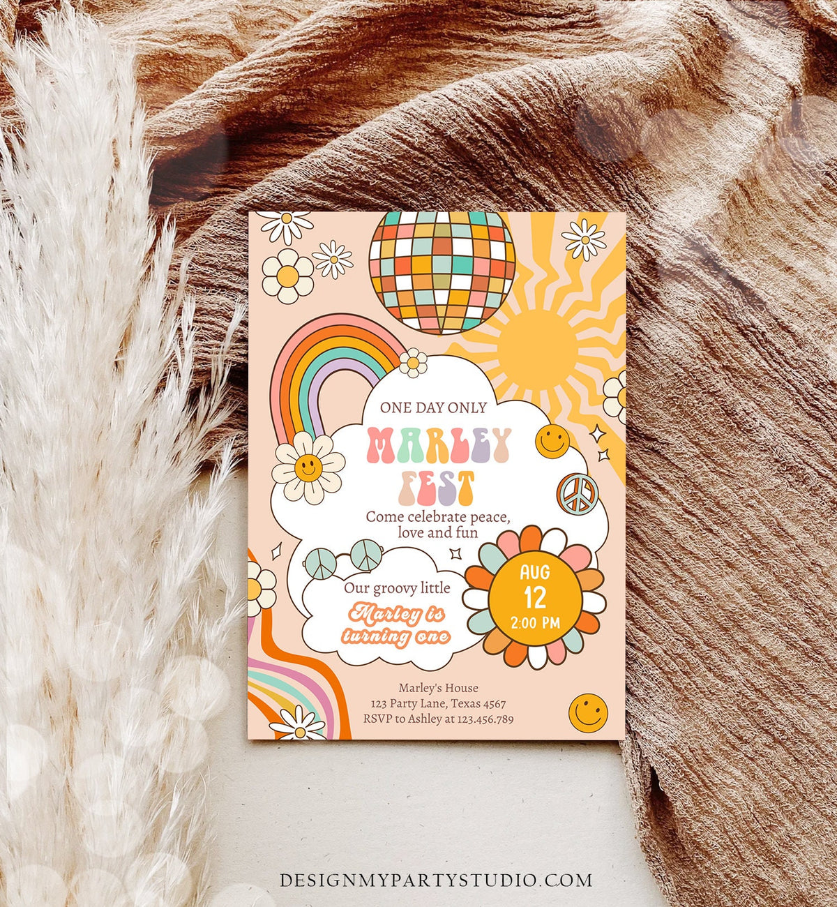 Editable Music Festival Birthday Party Invitation Floral Fest Birthday 70s 80s Groovy Peace Love Smiley Download Template Corjl Digital 0428