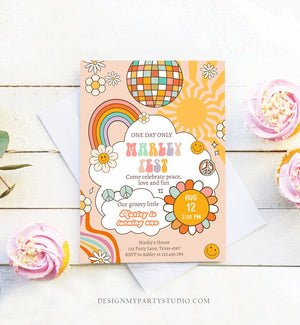 Editable Music Festival Birthday Party Invitation Floral Fest Birthday 70s 80s Groovy Peace Love Smiley Download Template Corjl Digital 0428