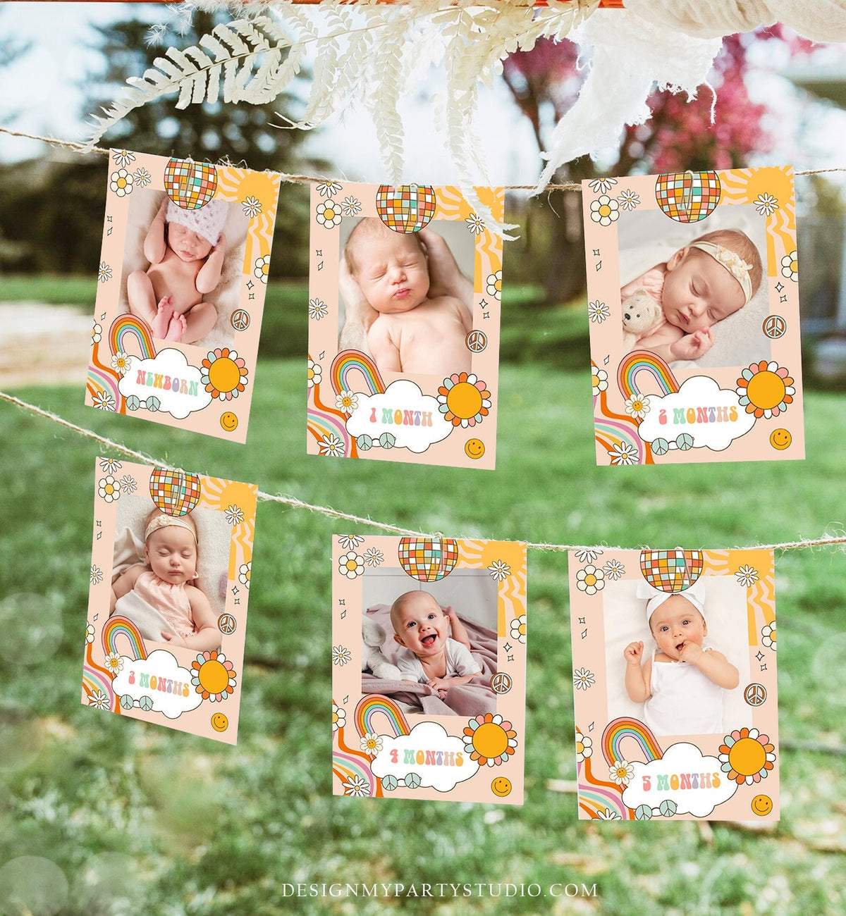 Editable Groovy Monthly Photo Banner Groovy One 1st Birthday Banner Girl First Birthday One Groovy Babe Rainbow Decor Corjl Template 0459