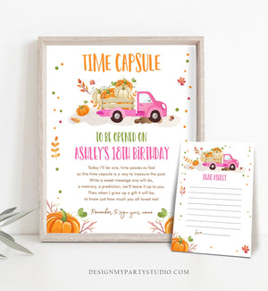 Editable Pumpkin Truck Birthday Time Capsule First 1st Pumpkin Fall Autumn Pink Truck Barnyard Girl Leaves Corjl Template Printable 0153