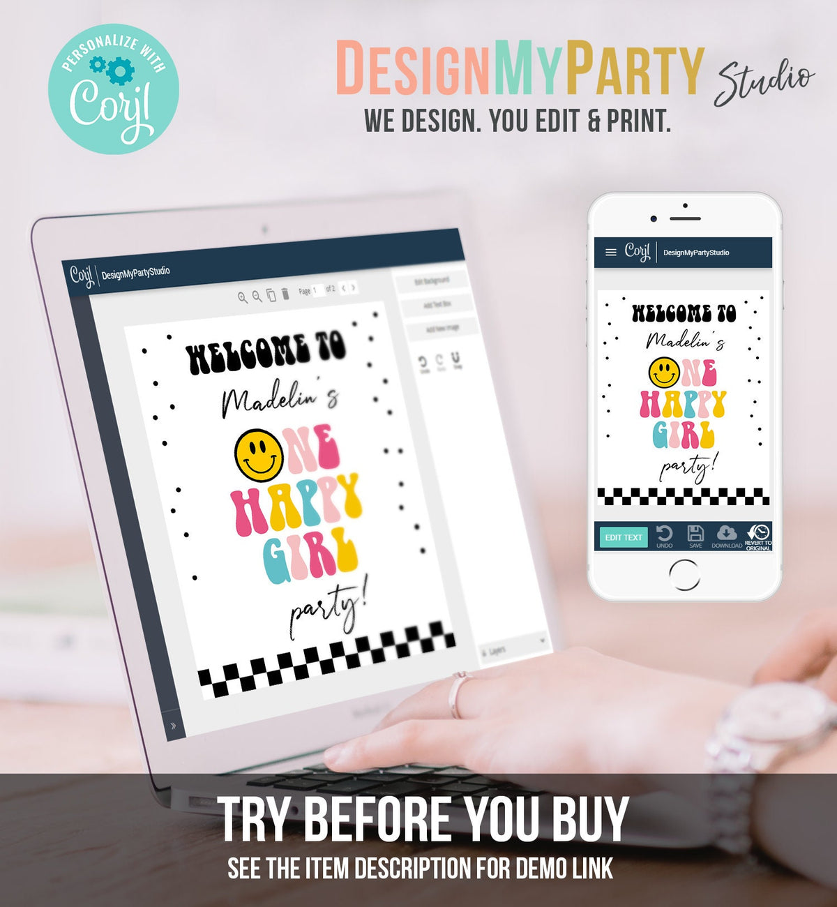 Editable Smiley Face Welcome Sign One Happy Girl Birthday Welcome Poster Girl 1st Birthday Checkered Decor Template Corjl PRINTABLE 0456
