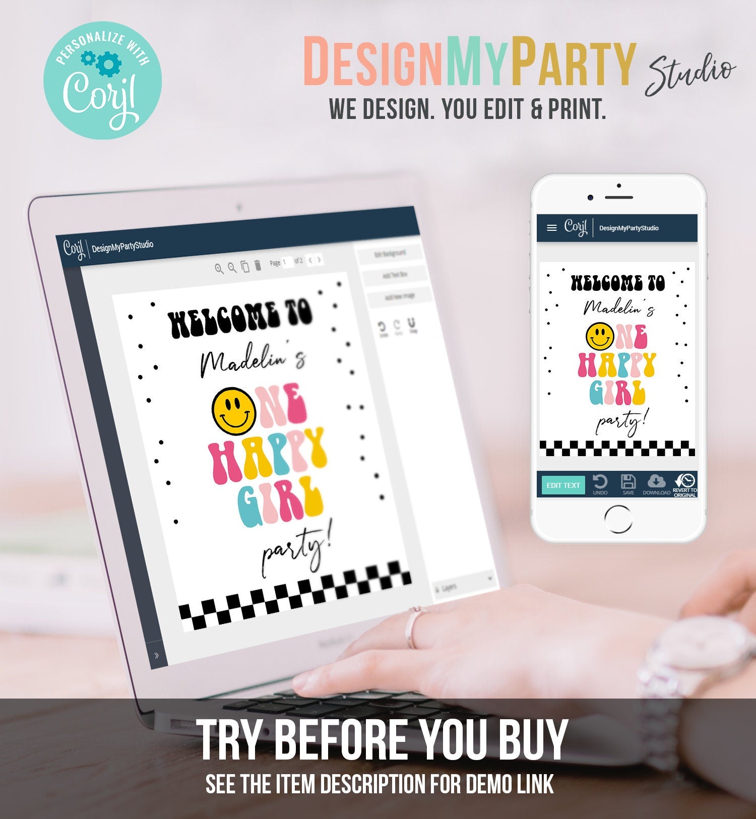 Editable Smiley Face Welcome Sign One Happy Girl Birthday Welcome Poster Girl 1st Birthday Checkered Decor Template Corjl PRINTABLE 0456