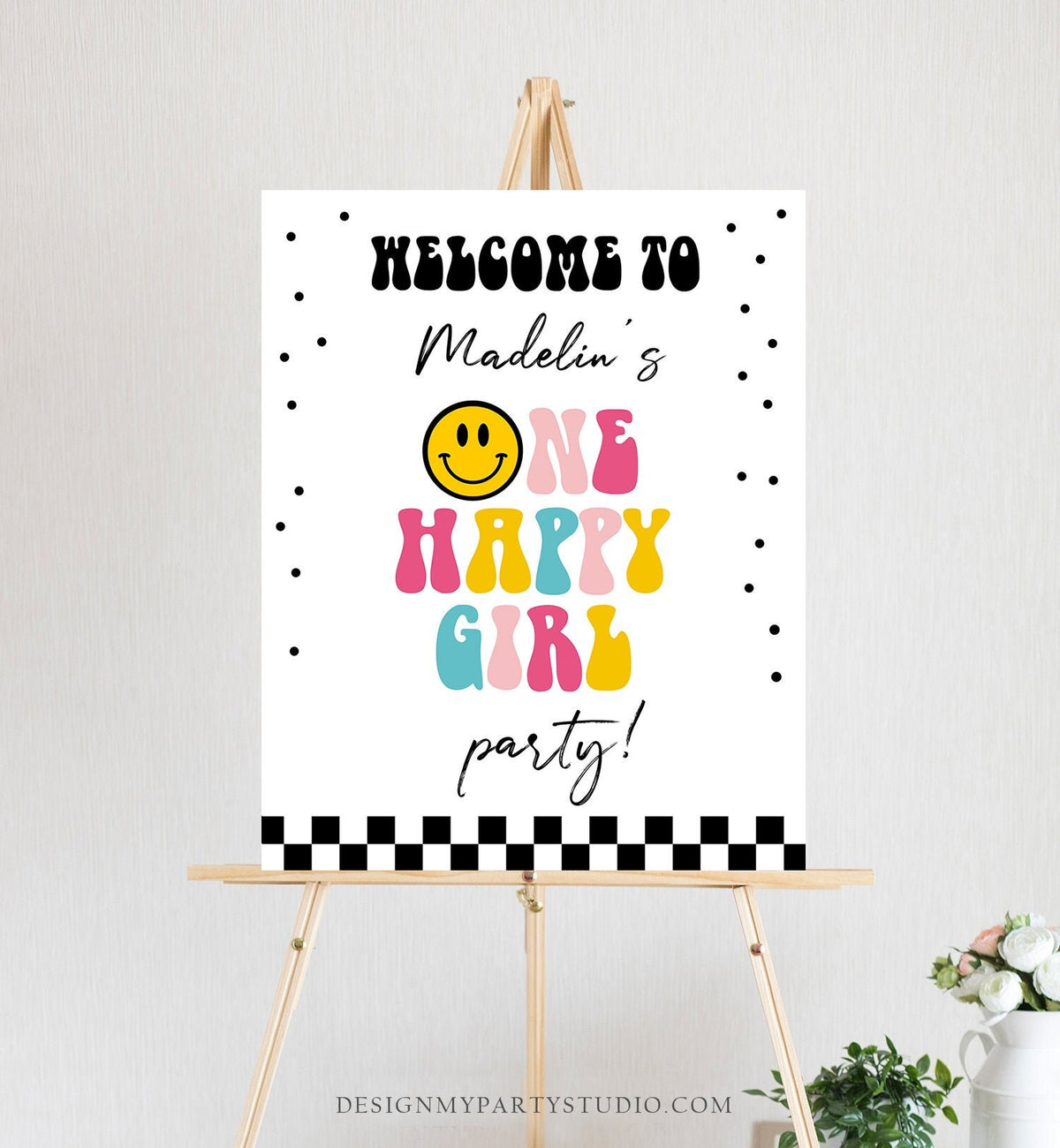 Editable Smiley Face Welcome Sign One Happy Girl Birthday Welcome Poster Girl 1st Birthday Checkered Decor Template Corjl PRINTABLE 0456