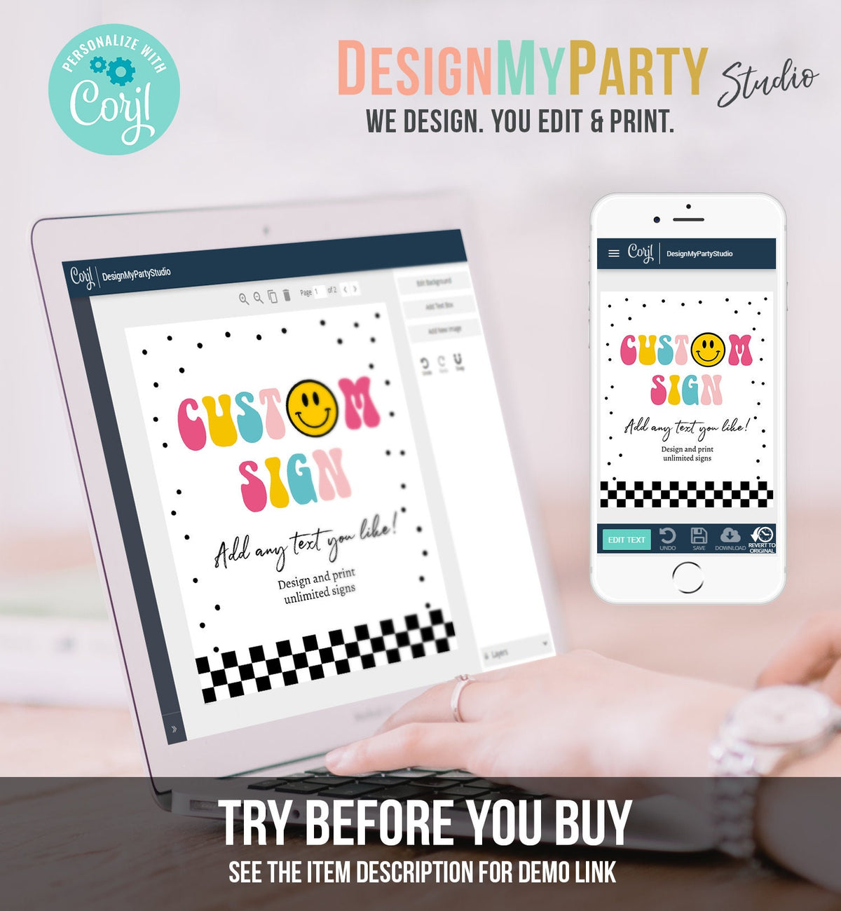 Editable Custom Sign Smiley Face Birthday Party Sign One Happy Girl Happy Face Party Decor Checkered Girl 8x10 Download PRINTABLE Corjl 0456