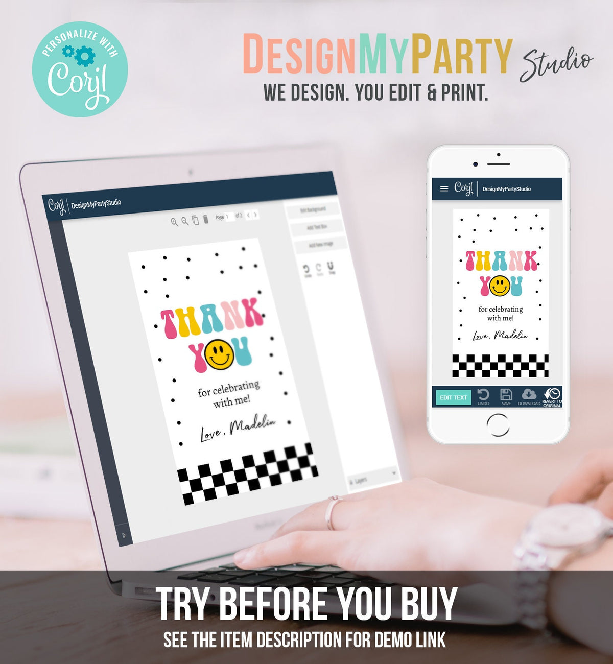 Editable One Happy Girl Birthday Favor Tags Smiley Face Thank You Tags Smiley Teen Birthday 1st Girl Gift Tag Download Corjl Template 0456