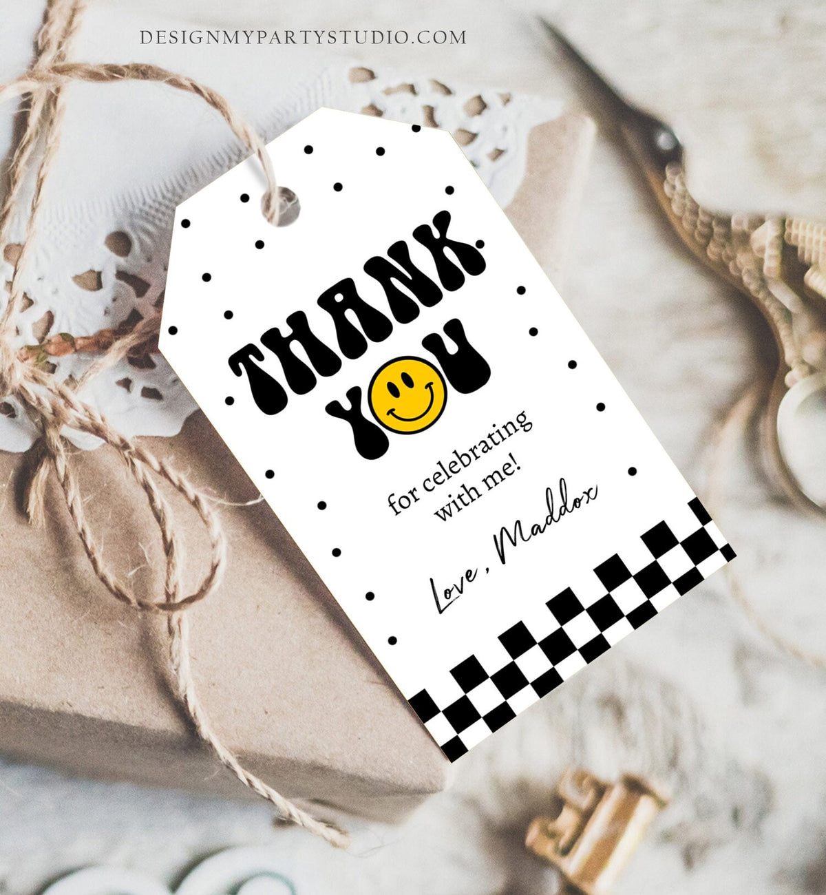 Editable One Happy Dude Birthday Favor Tags Smiley Face Thank You Tags Smiley Teen Birthday 1st Boy Gift Tag Download Corjl Template 0456