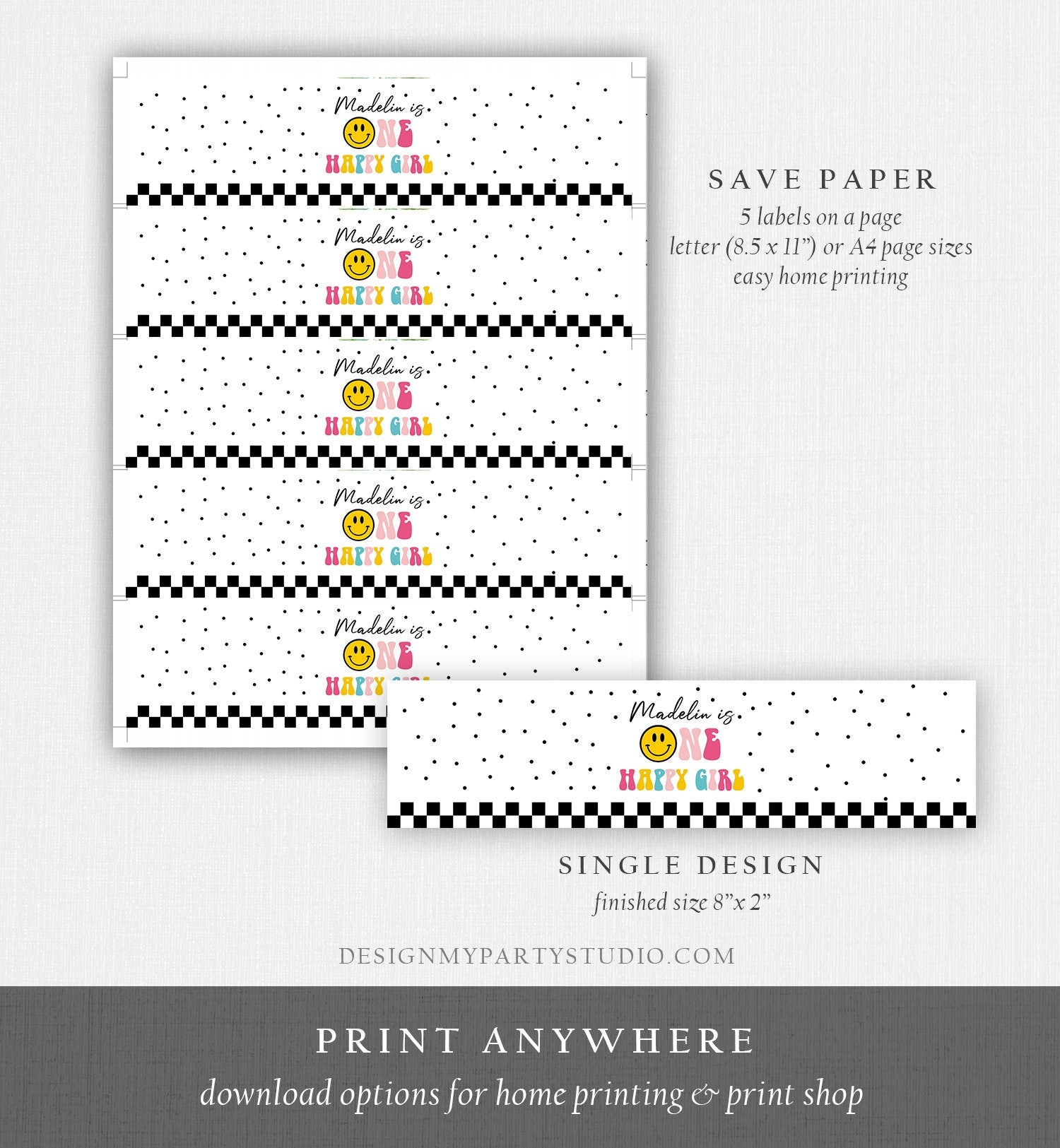 Editable One Happy Girl Birthday Water Bottle Labels Girl 1st Birthday Party Decor Smiley Face Birthday Smiley Printable Template Corjl 0456