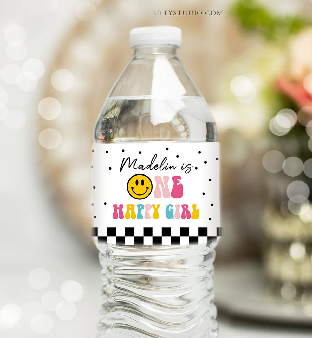 Editable One Happy Girl Birthday Water Bottle Labels Girl 1st Birthday Party Decor Smiley Face Birthday Smiley Printable Template Corjl 0456