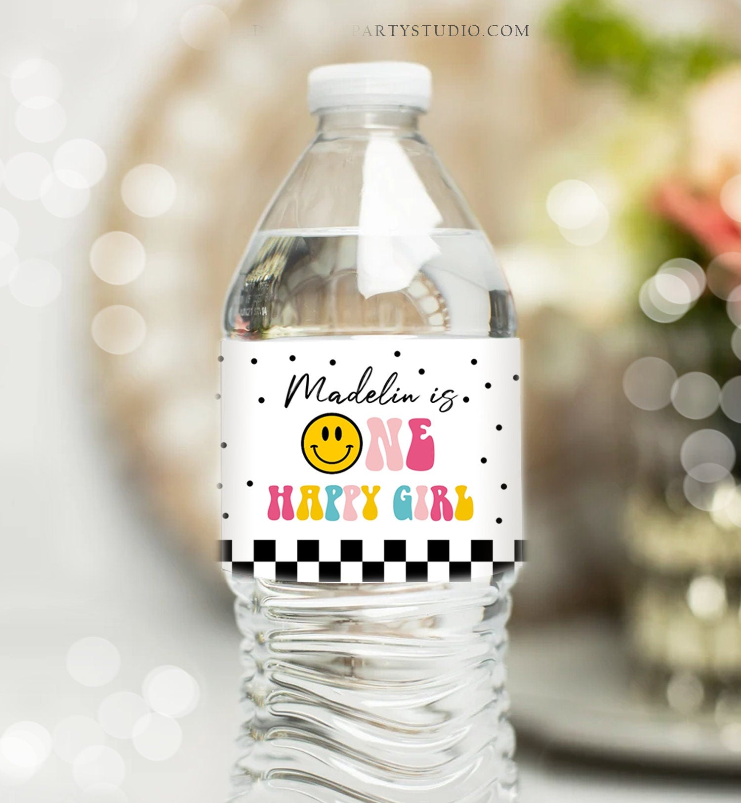 Editable One Happy Girl Birthday Water Bottle Labels Girl 1st Birthday Party Decor Smiley Face Birthday Smiley Printable Template Corjl 0456