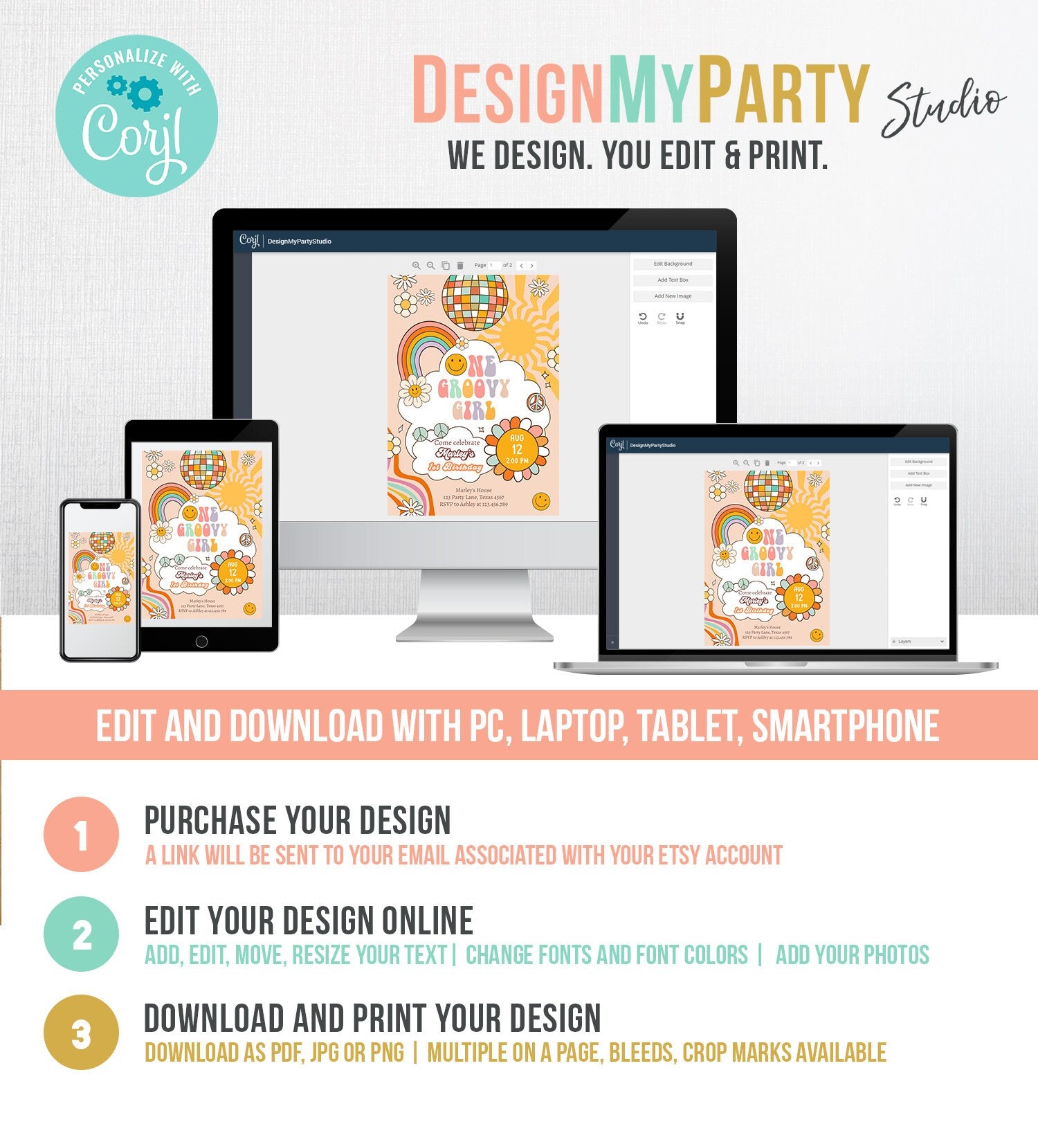 Editable Groovy One Retro 1st Birthday Invitation First Birthday One Groovy Girl Invite Peace Love Download Template Corjl Digital 0459