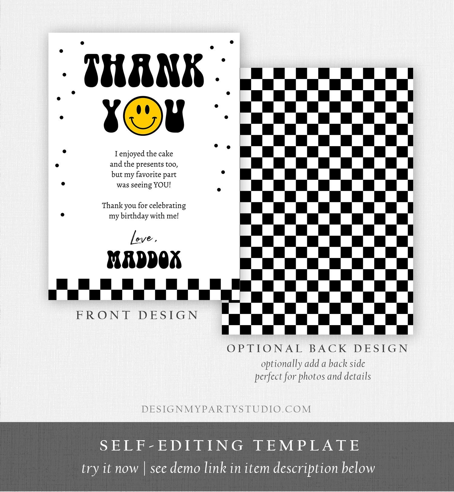 Editable Smiley Face Birthday Thank You Card One Happy Boy Emoji First 1st Thank You Note Download Printable Template Digital Corjl 0456