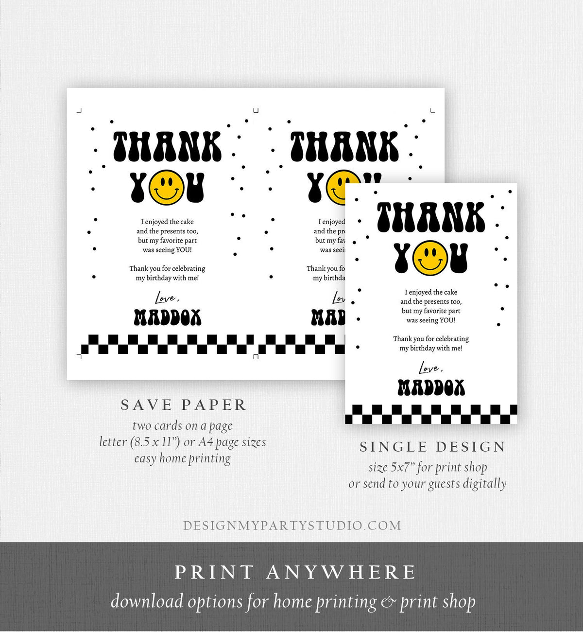 Editable Smiley Face Birthday Thank You Card One Happy Boy Emoji First 1st Thank You Note Download Printable Template Digital Corjl 0456