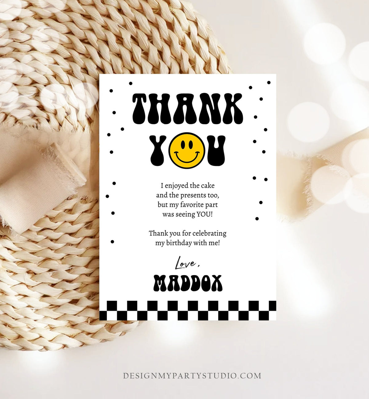 Editable Smiley Face Birthday Thank You Card One Happy Boy Emoji First 1st Thank You Note Download Printable Template Digital Corjl 0456