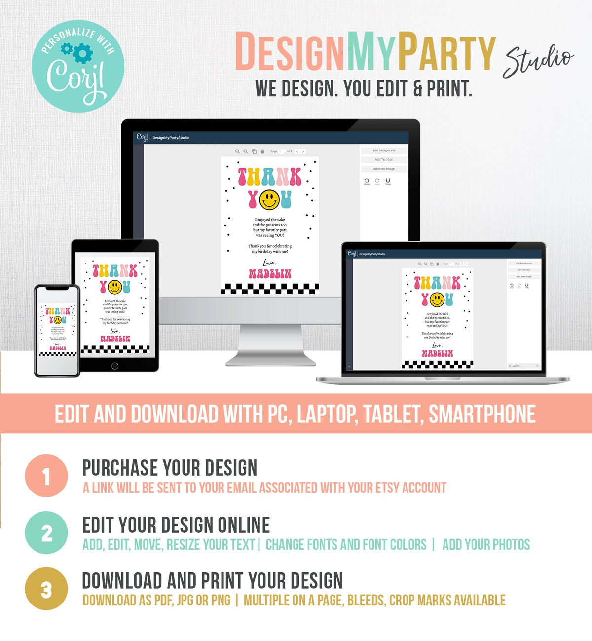 Editable Smiley Face Birthday Thank You Card One Happy Girl Emoji First 1st Thank You Note Download Printable Template Digital Corjl 0456