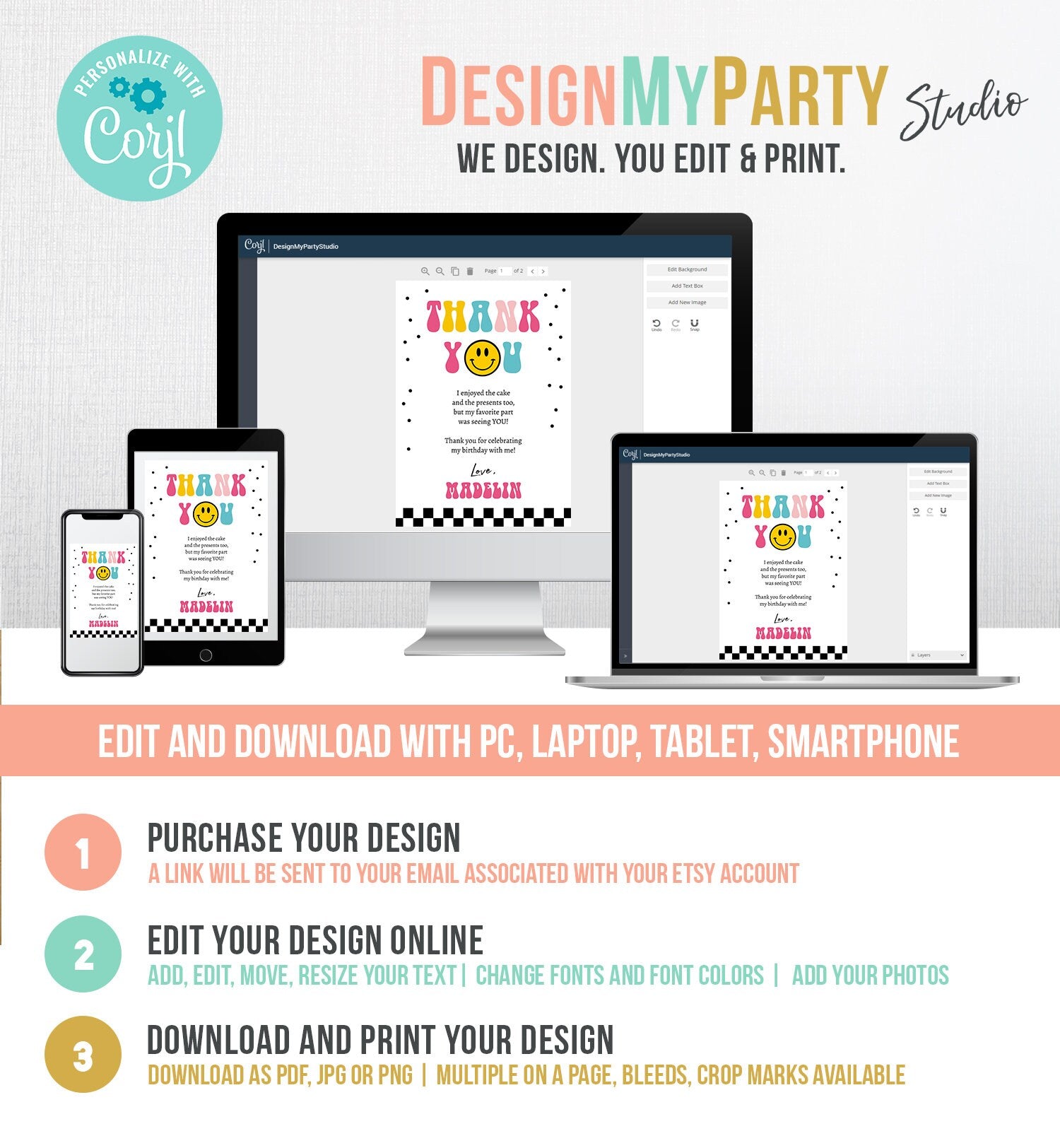 Editable Smiley Face Birthday Thank You Card One Happy Girl Emoji First 1st Thank You Note Download Printable Template Digital Corjl 0456