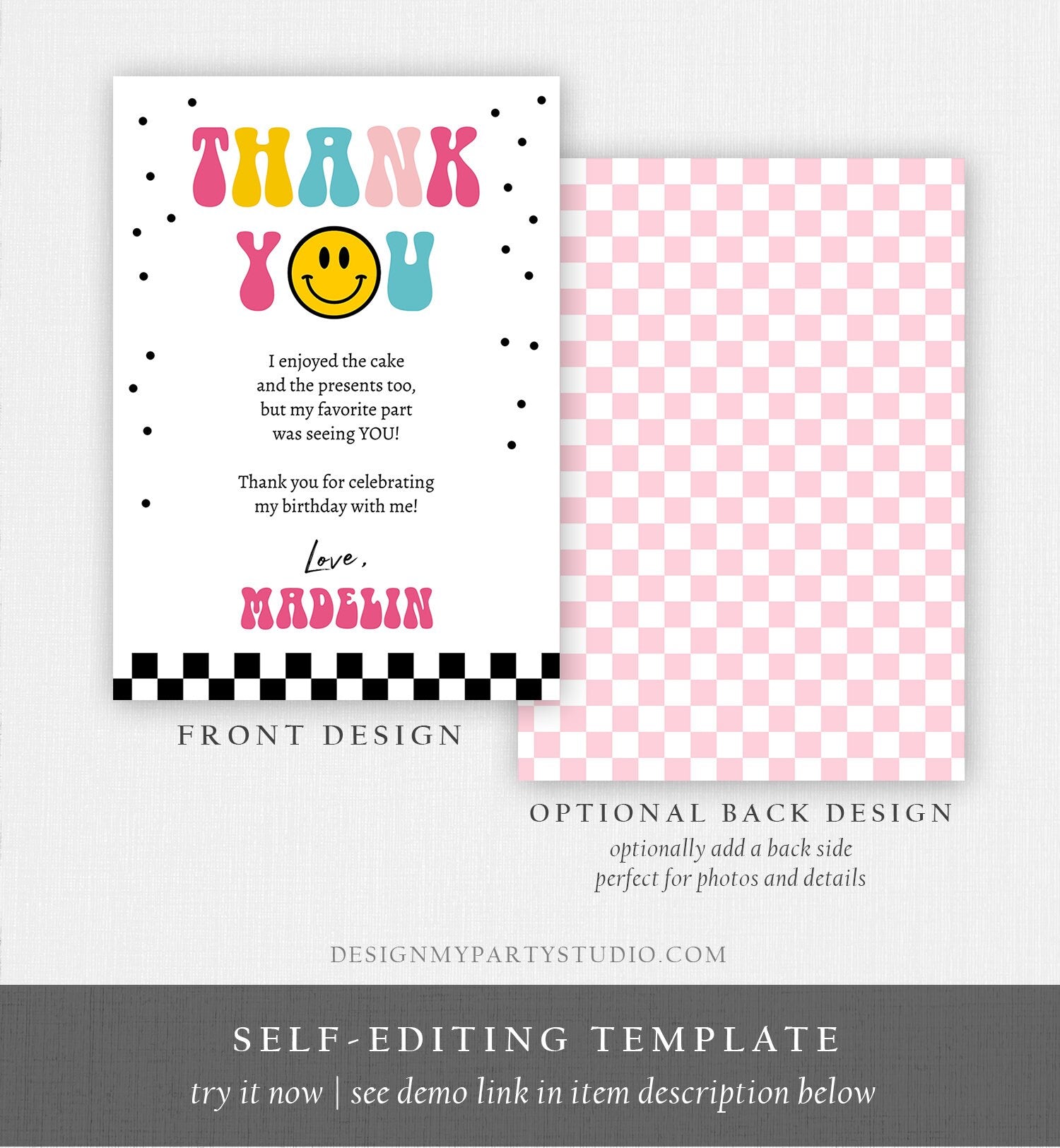 Editable Smiley Face Birthday Thank You Card One Happy Girl Emoji First 1st Thank You Note Download Printable Template Digital Corjl 0456