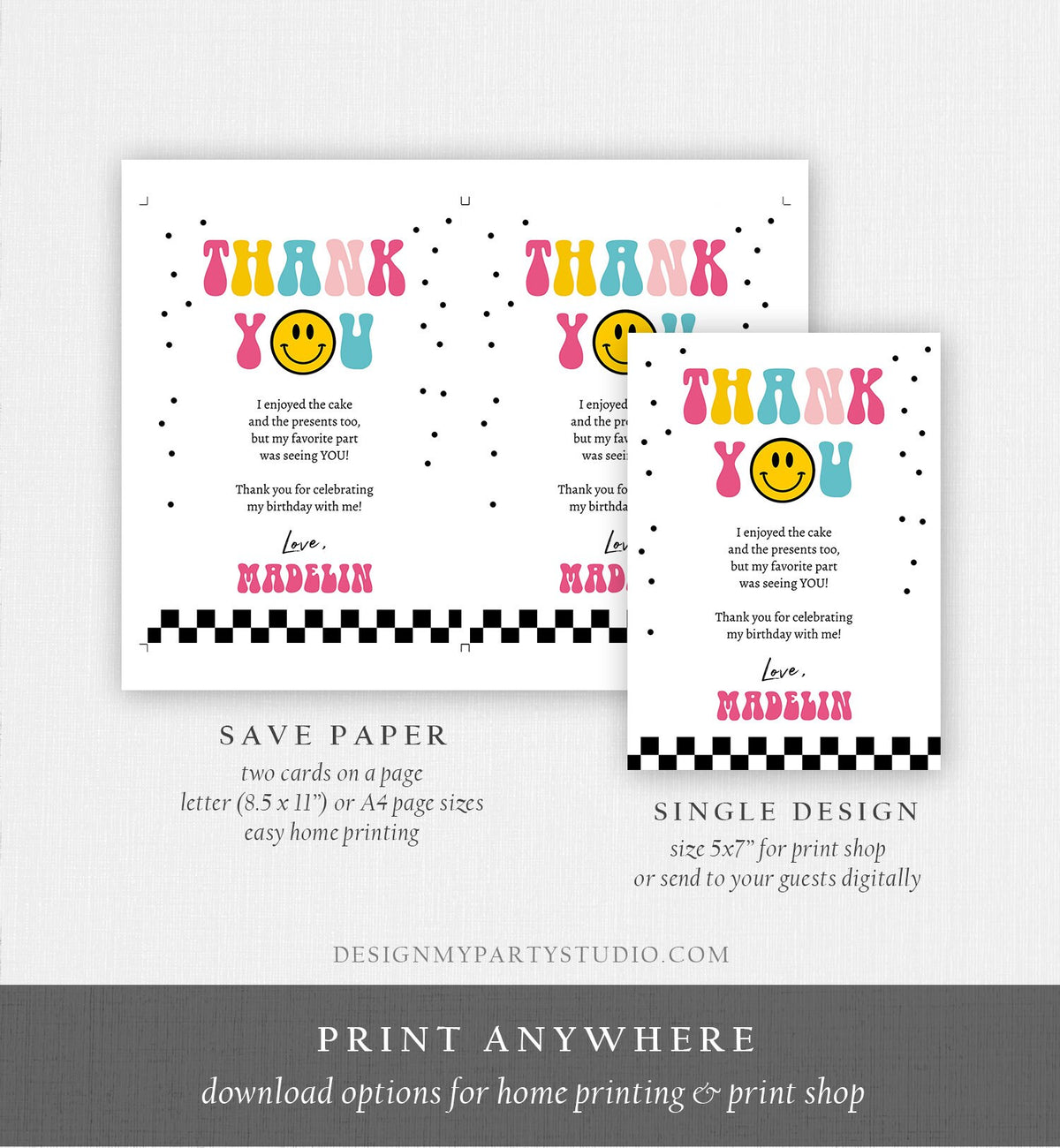 Editable Smiley Face Birthday Thank You Card One Happy Girl Emoji First 1st Thank You Note Download Printable Template Digital Corjl 0456