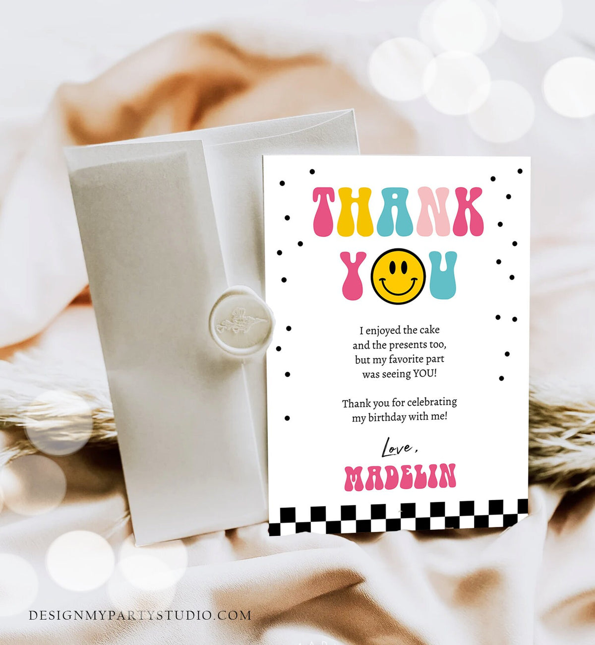 Editable Smiley Face Birthday Thank You Card One Happy Girl Emoji First 1st Thank You Note Download Printable Template Digital Corjl 0456