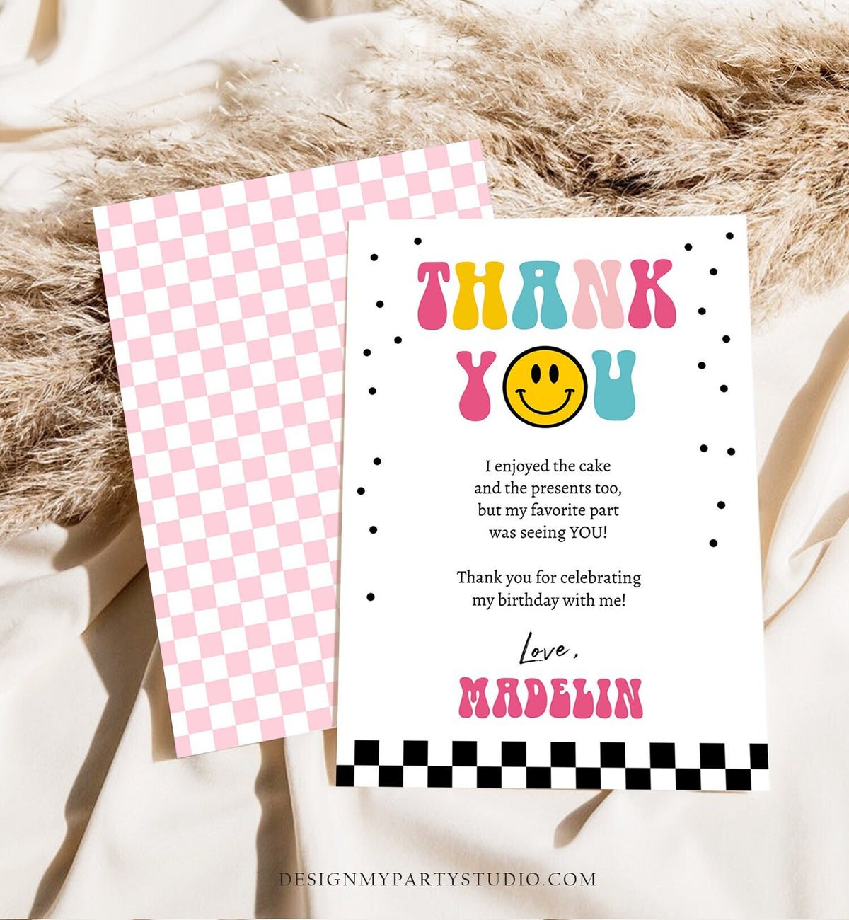 Editable Smiley Face Birthday Thank You Card One Happy Girl Emoji First 1st Thank You Note Download Printable Template Digital Corjl 0456