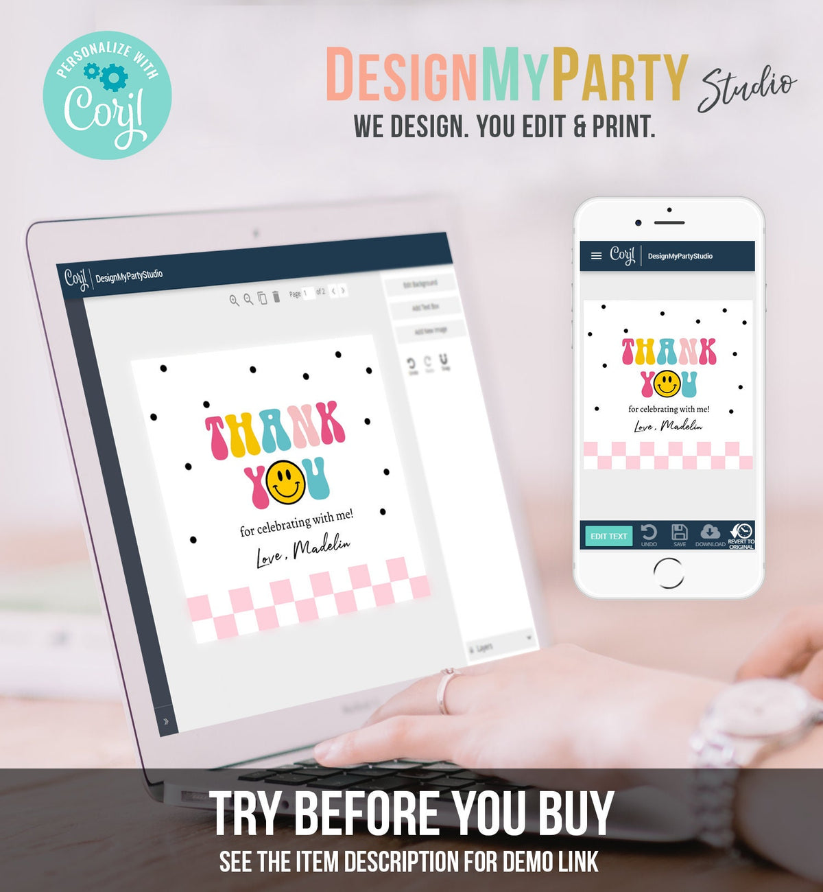 Editable Smiley Face Favor Tags 1st First Birthday One Happy Girl Pink Emoji Stickers Download Corjl Template PRINTABLE 0456