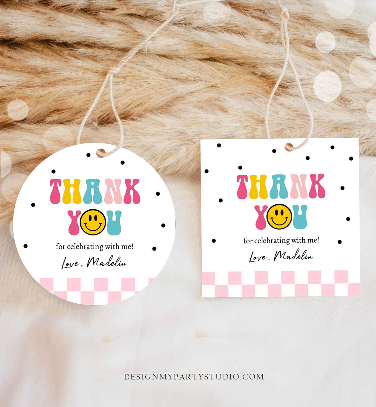 Editable Smiley Face Favor Tags 1st First Birthday One Happy Girl Pink Emoji Stickers Download Corjl Template PRINTABLE 0456