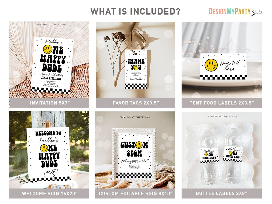 Smiley Birthday Invitation Bundle One Happy Dude Boy Emoji 1st First Birthday Happy Face Retro Emoji Printable Corjl Template 0456