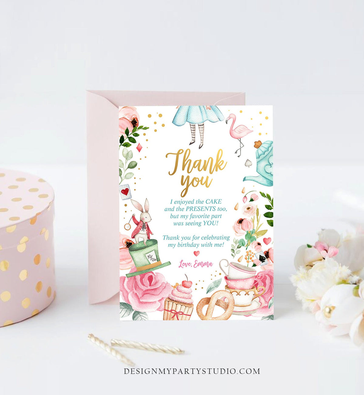 Editable Alice In Wonderland Thank You Card Girl First Birthday 1st Onederland Tea Party Thank You Printable Template Corjl Digital 0350