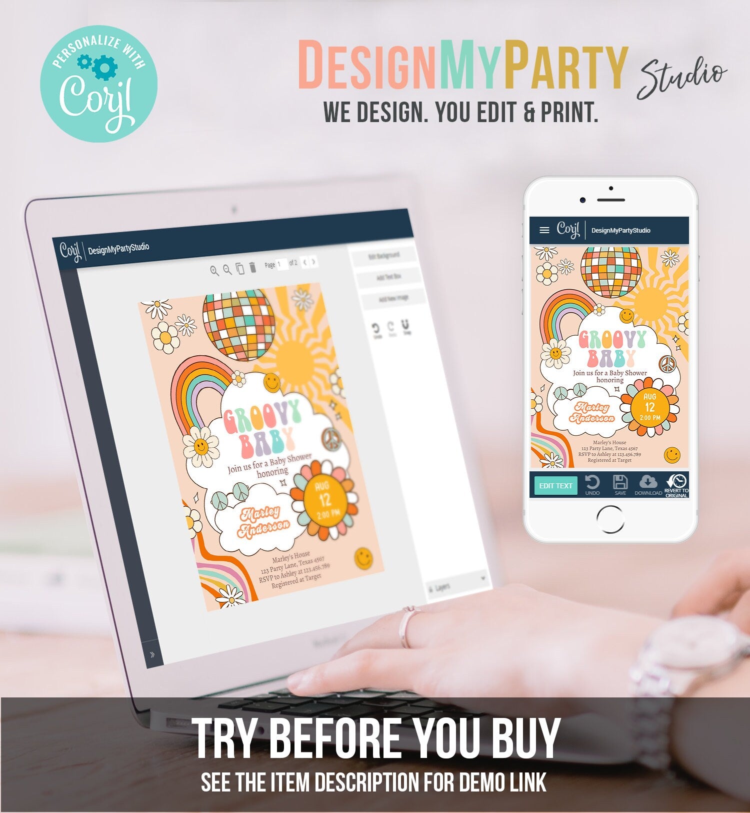 Editable Groovy Baby Shower Invitation Boho Daisy Rainbow Flower Power 70's Hippie Bohemian Download Printable Template Corjl Digital 0459