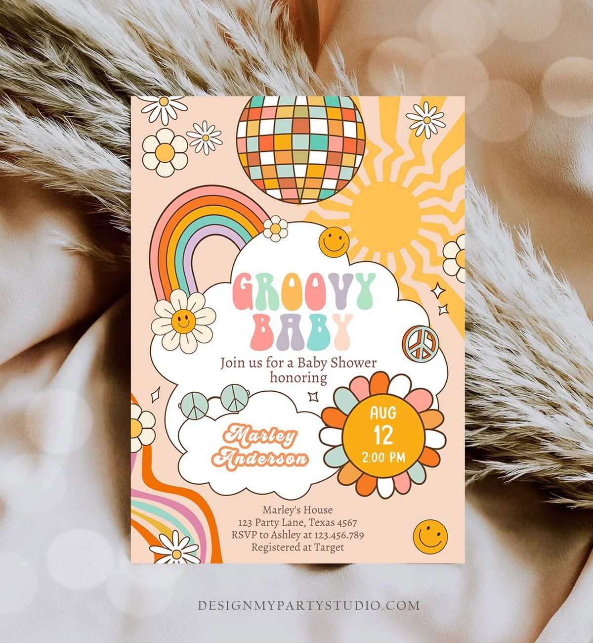 Editable Groovy Baby Shower Invitation Boho Daisy Rainbow Flower Power 70's Hippie Bohemian Download Printable Template Corjl Digital 0459