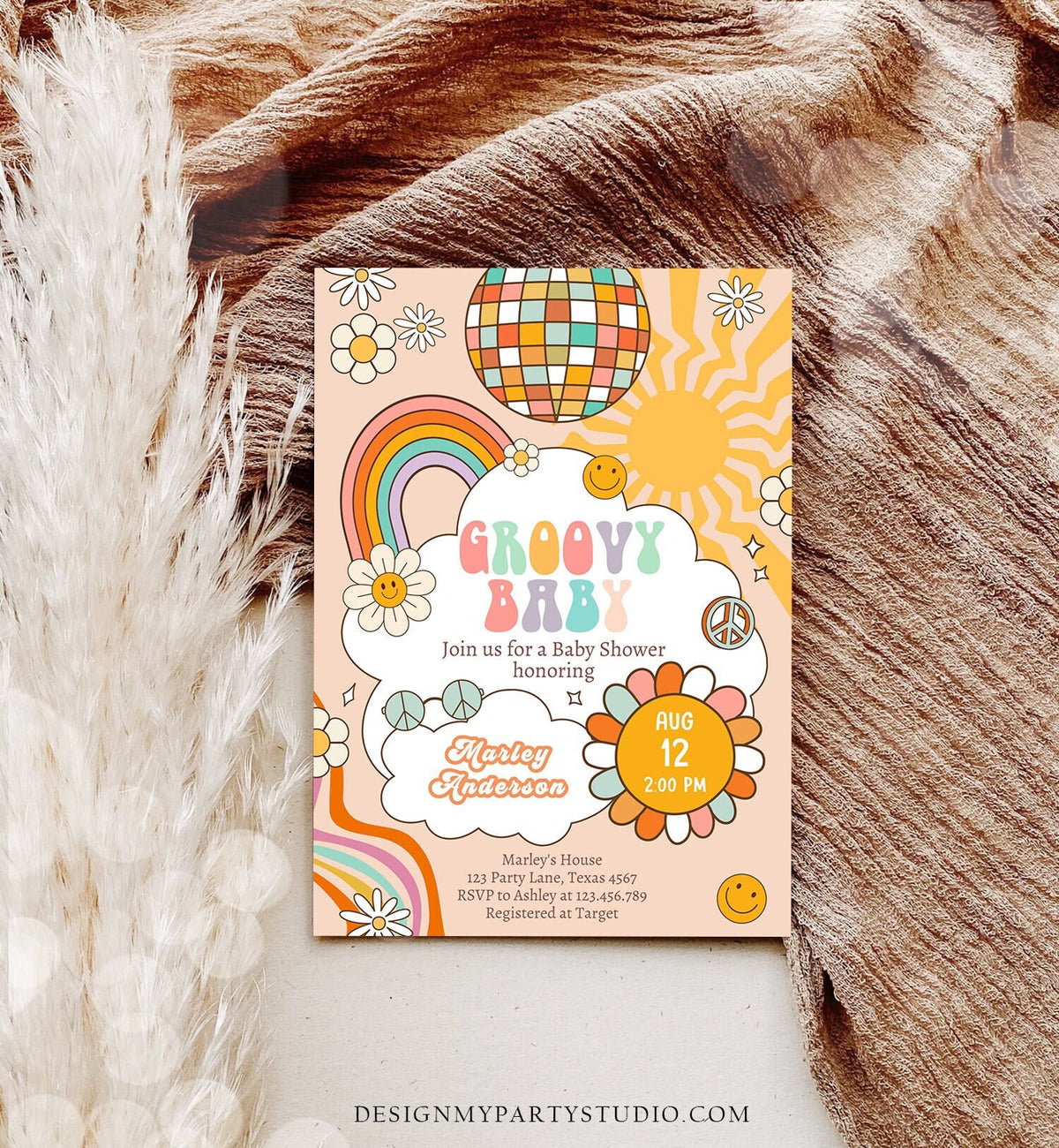 Editable Groovy Baby Shower Invitation Boho Daisy Rainbow Flower Power 70's Hippie Bohemian Download Printable Template Corjl Digital 0459