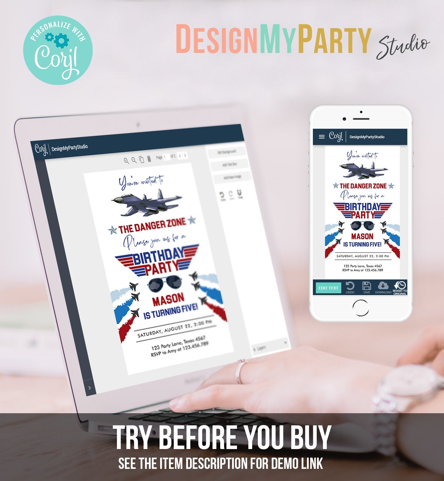 Editable Fighter Pilot Birthday Evite Fighter Jet Pilot Invitation Boy Military Jet Instant Download Phone Electronic Corjl Template 0469