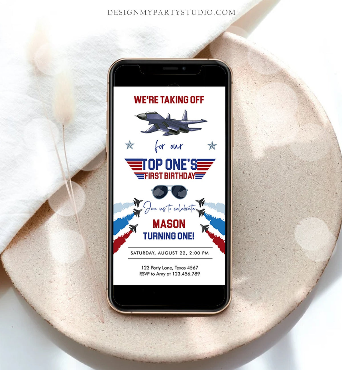 Editable Fighter Pilot Birthday Evite Fighter Jet Pilot 1st One Invite Boy Military Jet Download Phone Electronic Corjl Template 0469