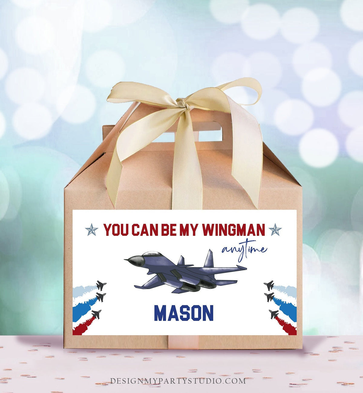 Editable Fighter Pilot Gable Box Favor Flying Ace Aviator Birthday Favor Box Label Boy You can be my Wingman Download Printable Corjl 0469