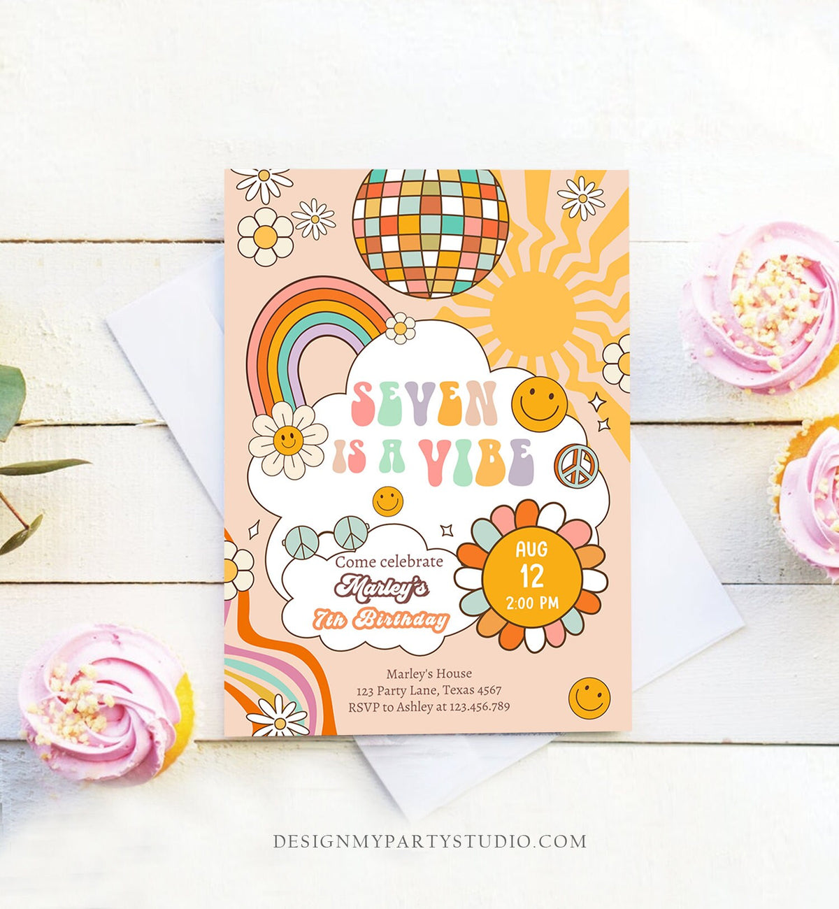Editable Seven Is A Vibe Groovy Birthday Invitation 7th Birthday Invite Rainbow Peace Love Party Girl Download Template Corjl Digital 0459