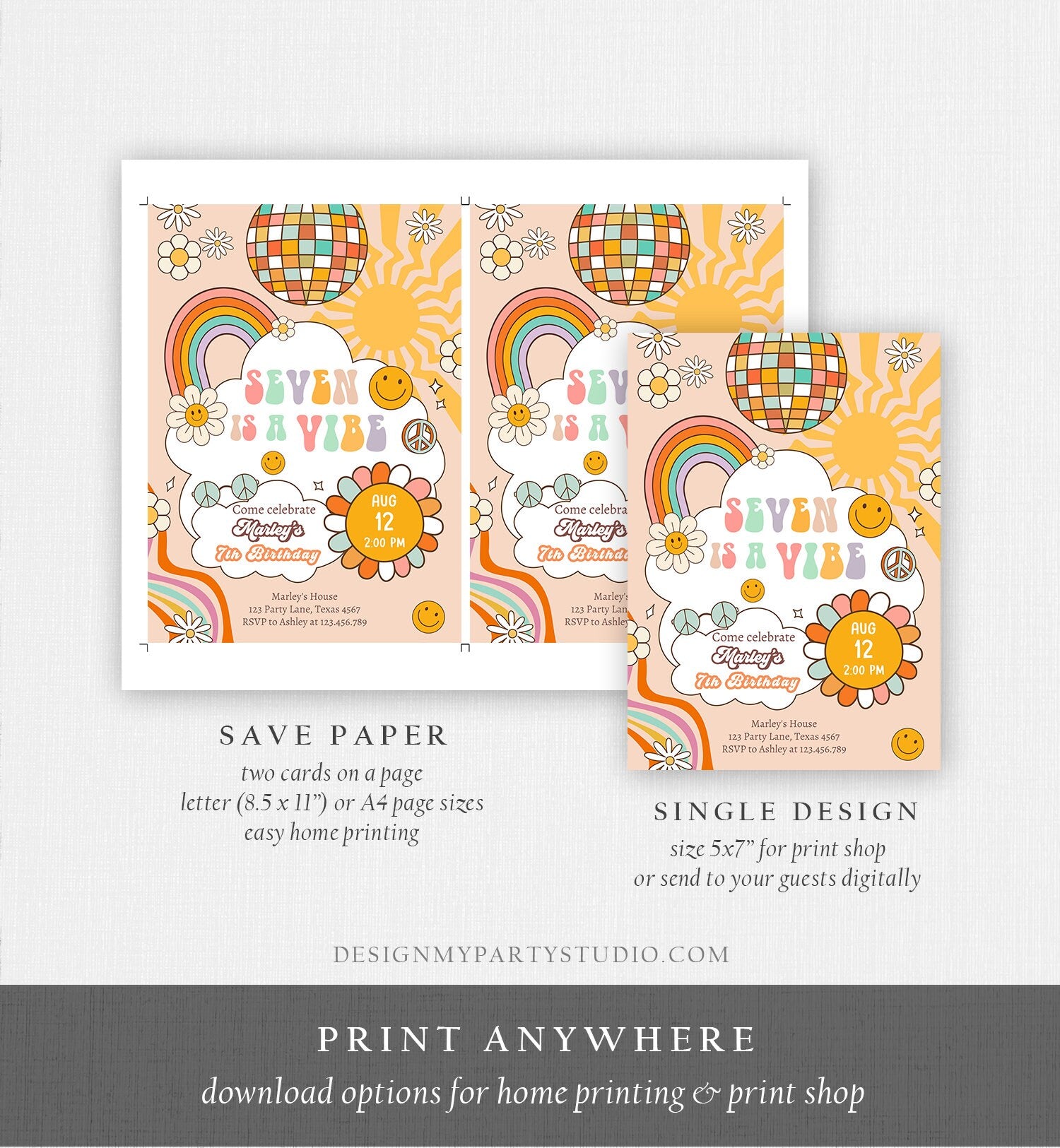 Editable Seven Is A Vibe Groovy Birthday Invitation 7th Birthday Invite Rainbow Peace Love Party Girl Download Template Corjl Digital 0459