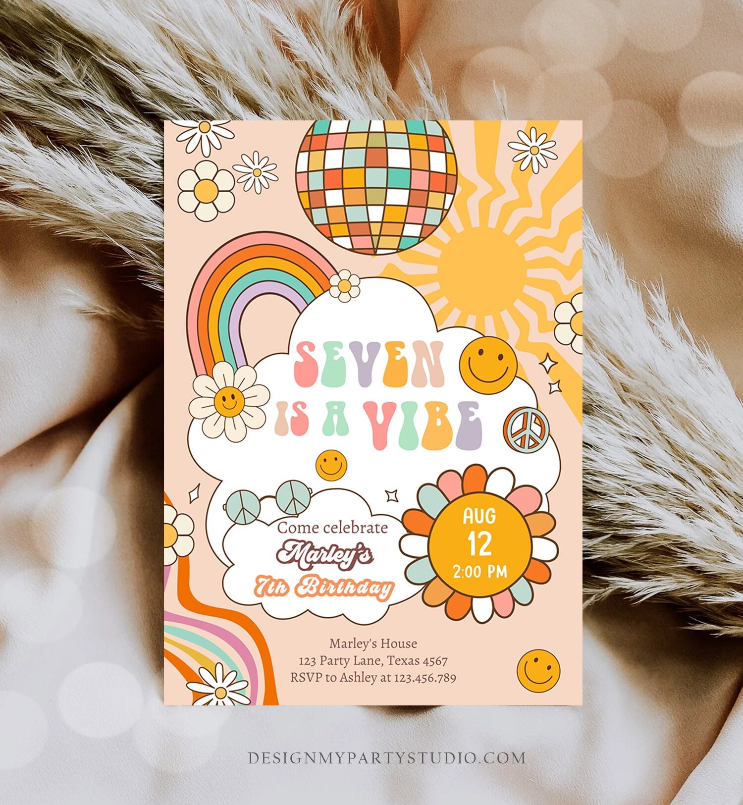 Editable Seven Is A Vibe Groovy Birthday Invitation 7th Birthday Invite Rainbow Peace Love Party Girl Download Template Corjl Digital 0459
