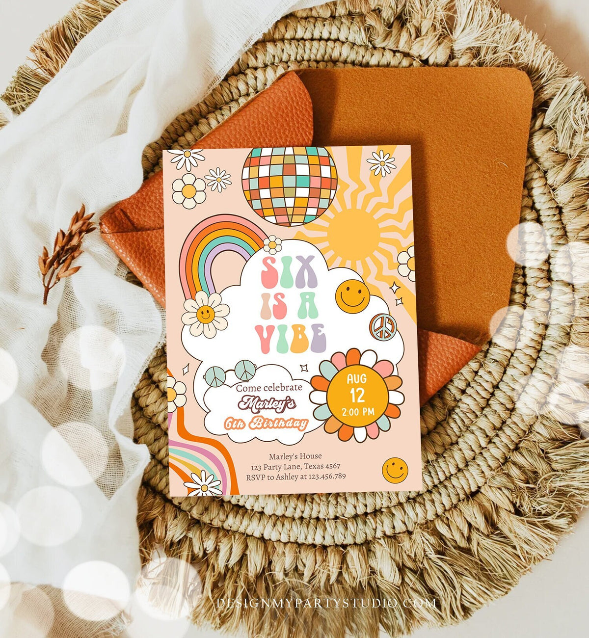 Editable Six Is A Vibe Groovy Birthday Invitation 6th Birthday Invite Rainbow Peace Love Party Girl Download Template Corjl Digital 0459