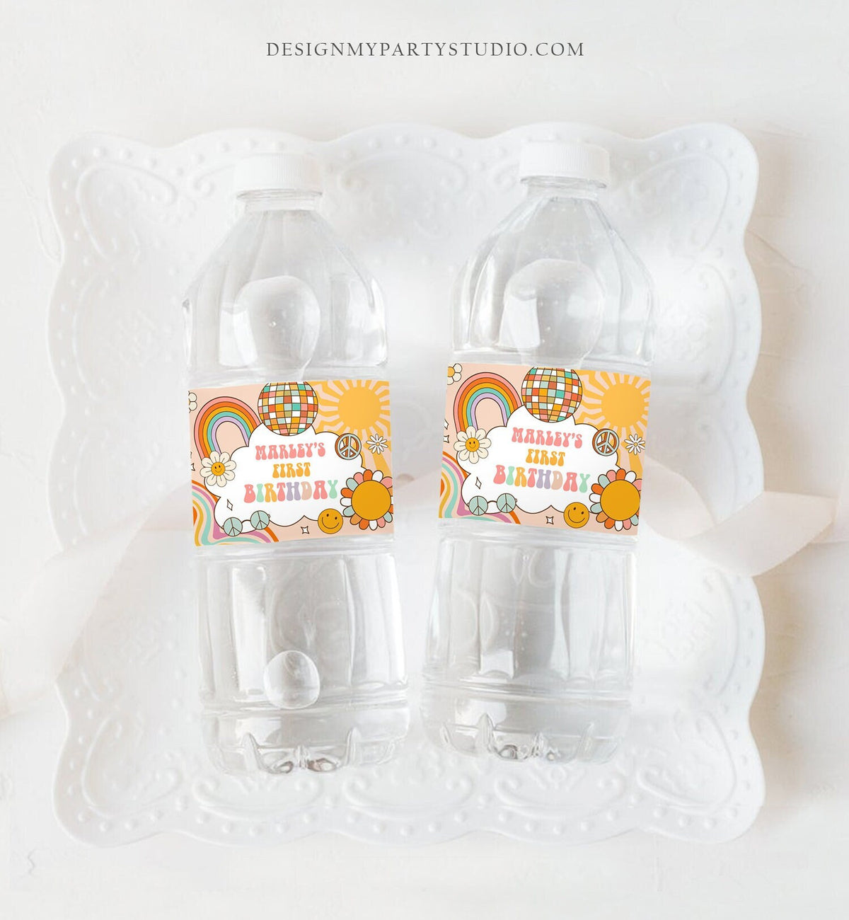 Editable Groovy Birthday Water Bottle Label Birthday Groovy Water Bottle Retro Flower Power Girl Printable Bottle Wrap Template Corjl 0459