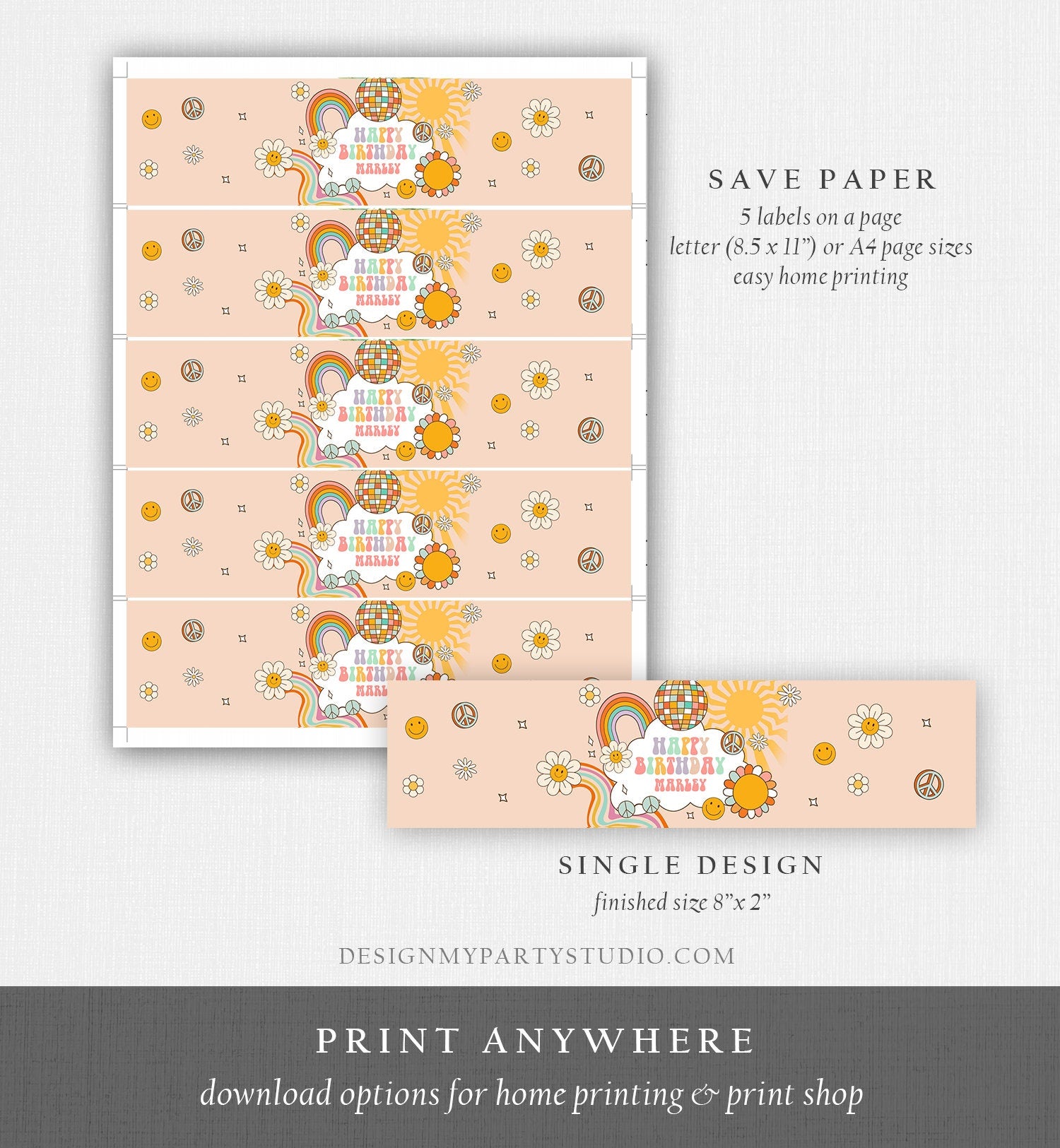 Editable Groovy Birthday Water Bottle Label Birthday Groovy Water Bottle Retro Flower Power Girl Printable Bottle Wrap Template Corjl 0459