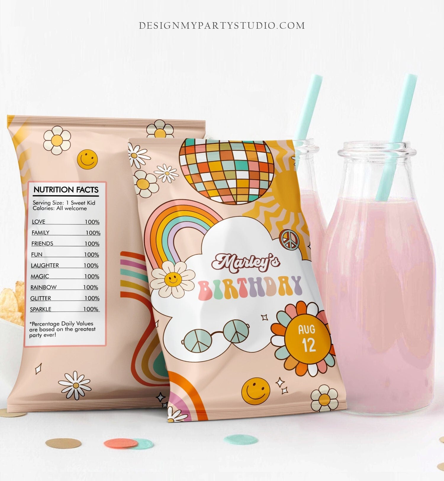 Editable Groovy Birthday Chip Bag Groovy Party Decor Girl Rainbow Flower Power Boho Retro 1st 2nd Snack Favor Digital Corjl Template 0459