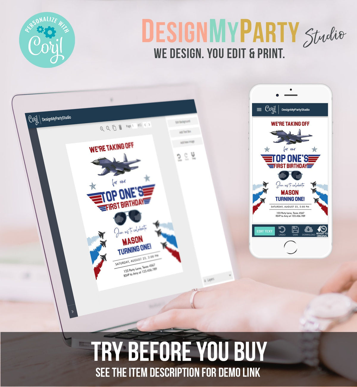 Editable Fighter Pilot Birthday Invitation Fighter Jet Pilot 1st One Boy Military Jet Instant Download Printable Corjl Template 0469