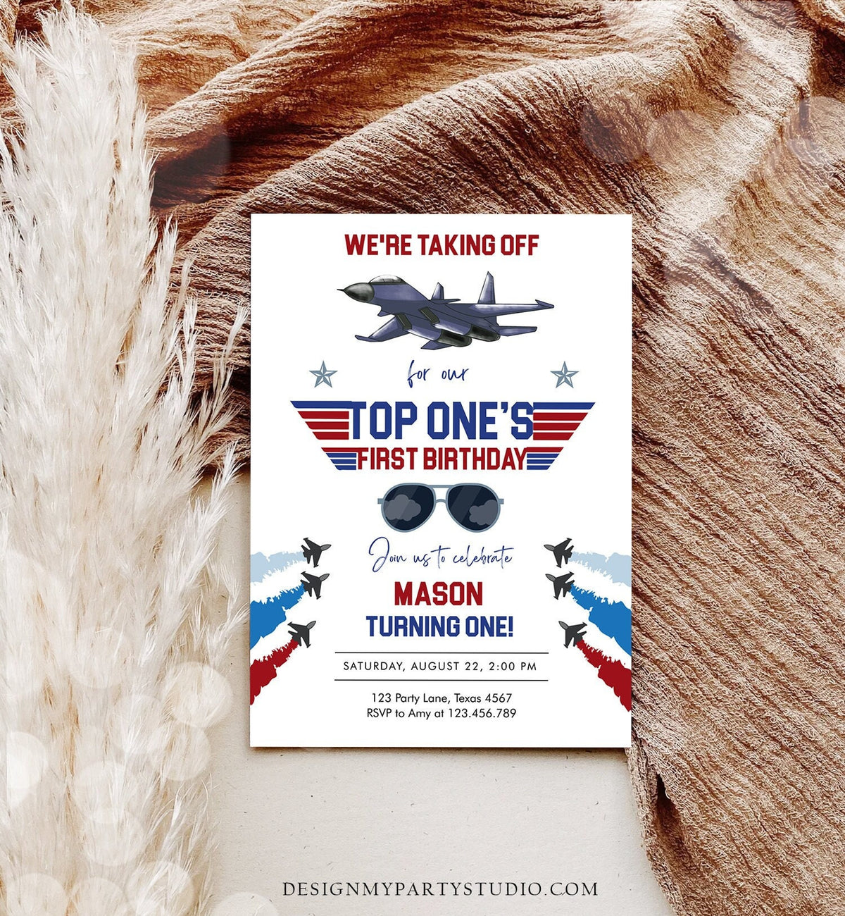 Editable Fighter Pilot Birthday Invitation Fighter Jet Pilot 1st One Boy Military Jet Instant Download Printable Corjl Template 0469