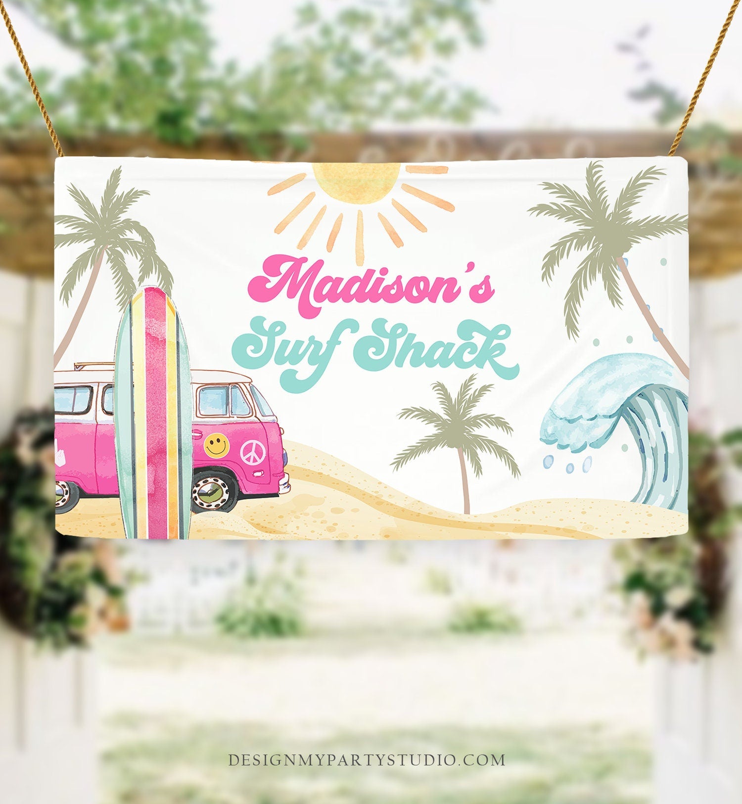 Editable Surf Birthday Backdrop Banner Surf's Up Birthday Girl First Surfing The Big One Surf Shack Download Corjl Template Printable 0433