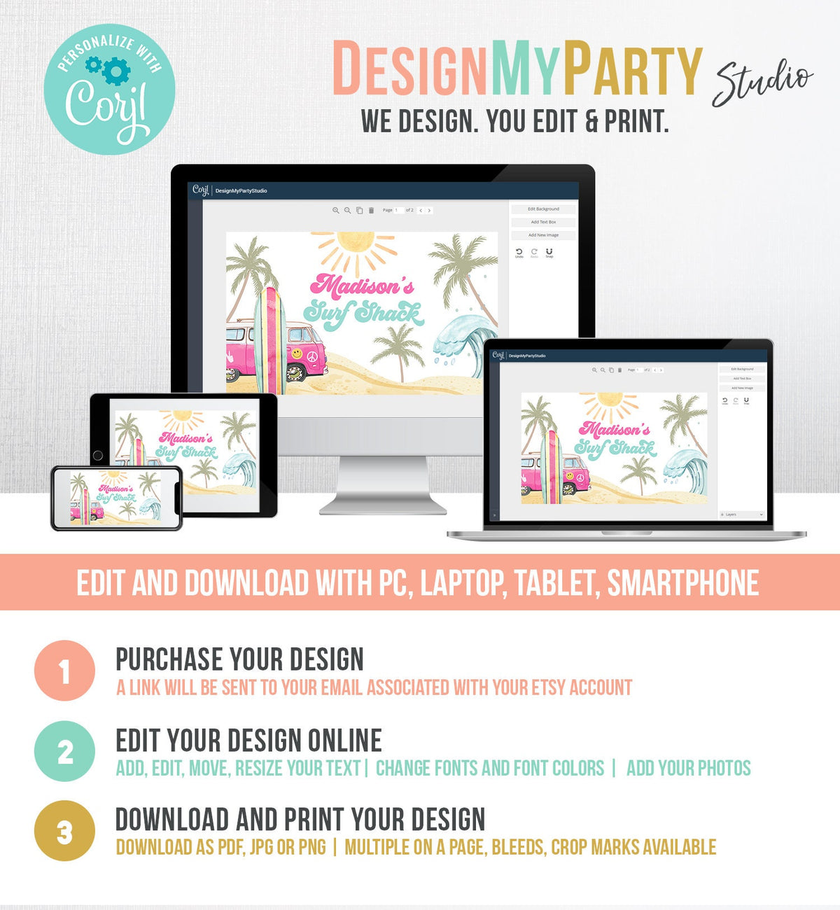 Editable Surf Birthday Backdrop Banner Surf's Up Birthday Girl First Surfing The Big One Surf Shack Download Corjl Template Printable 0433