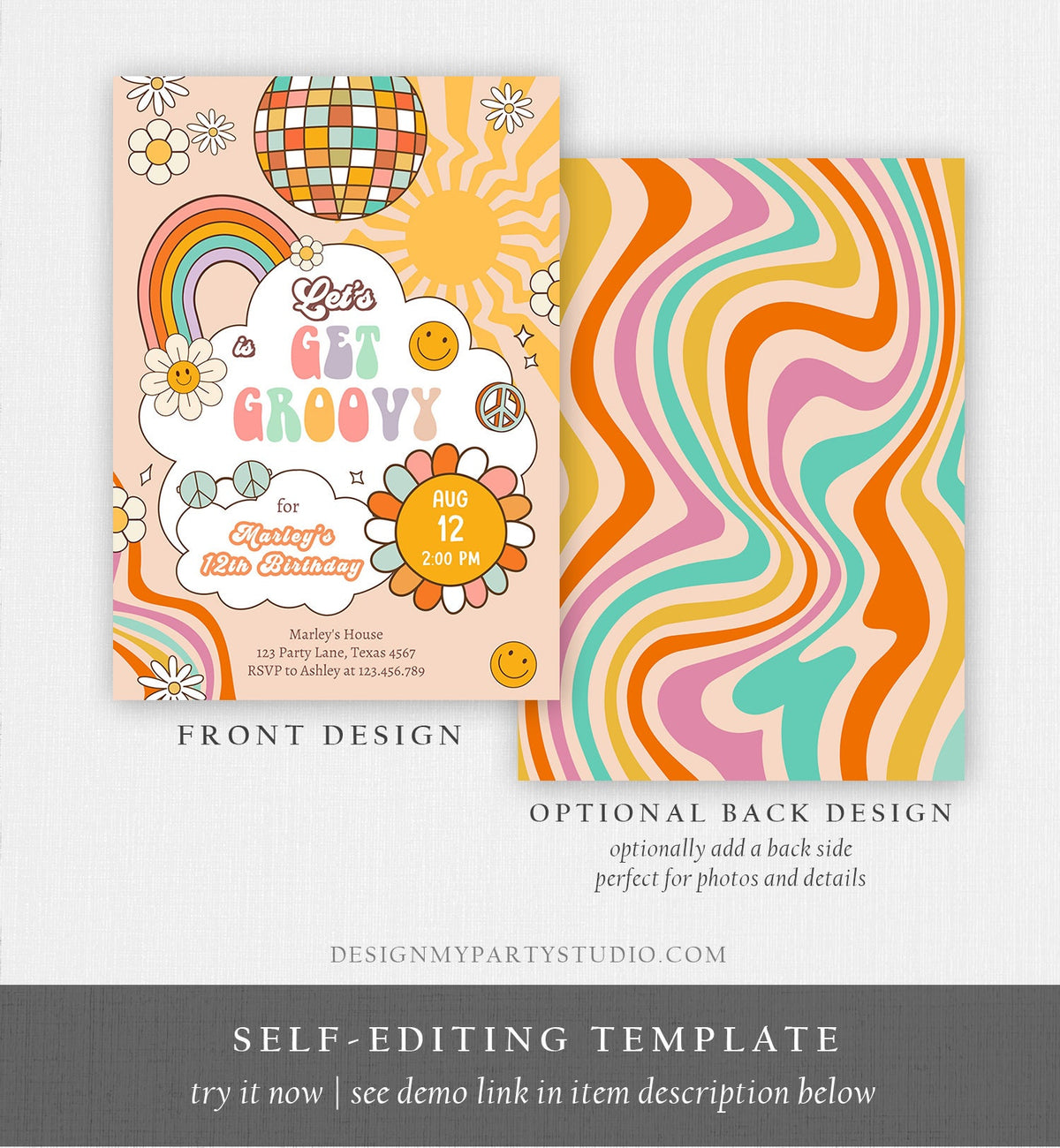 Editable Groovy Birthday Party Invitation Let's Get Groovy Birthday Smiley Boho Retro Flower Power Girl Download Template Corjl Digital 0459