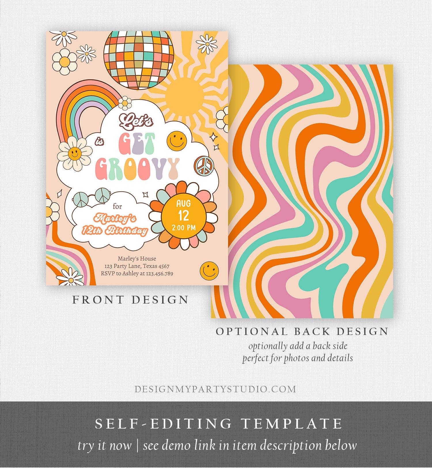 Editable Groovy Birthday Party Invitation Let's Get Groovy Birthday Smiley Boho Retro Flower Power Girl Download Template Corjl Digital 0459
