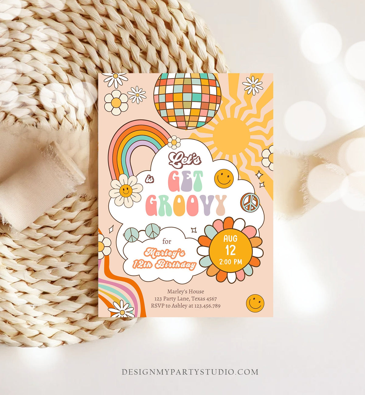 Editable Groovy Birthday Party Invitation Let's Get Groovy Birthday Smiley Boho Retro Flower Power Girl Download Template Corjl Digital 0459