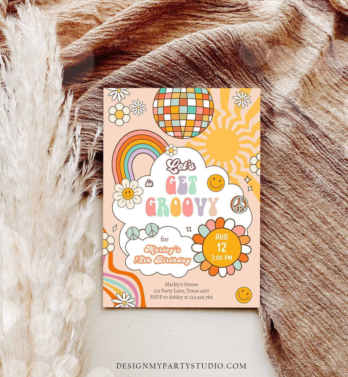 Editable Groovy Birthday Party Invitation Let's Get Groovy Birthday Smiley Boho Retro Flower Power Girl Download Template Corjl Digital 0459