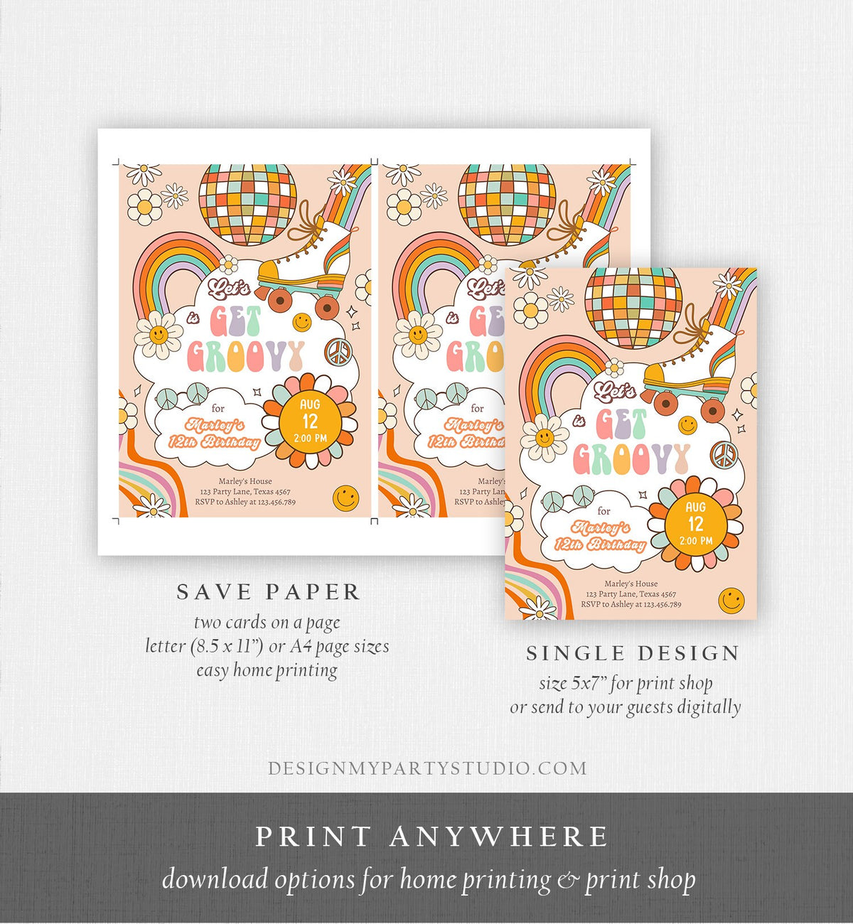 Editable Retro Roller Skate Birthday Party Invitation Let's Get Groovy Skating Kids 70's Skate Invite Download Template Corjl Digital 0459
